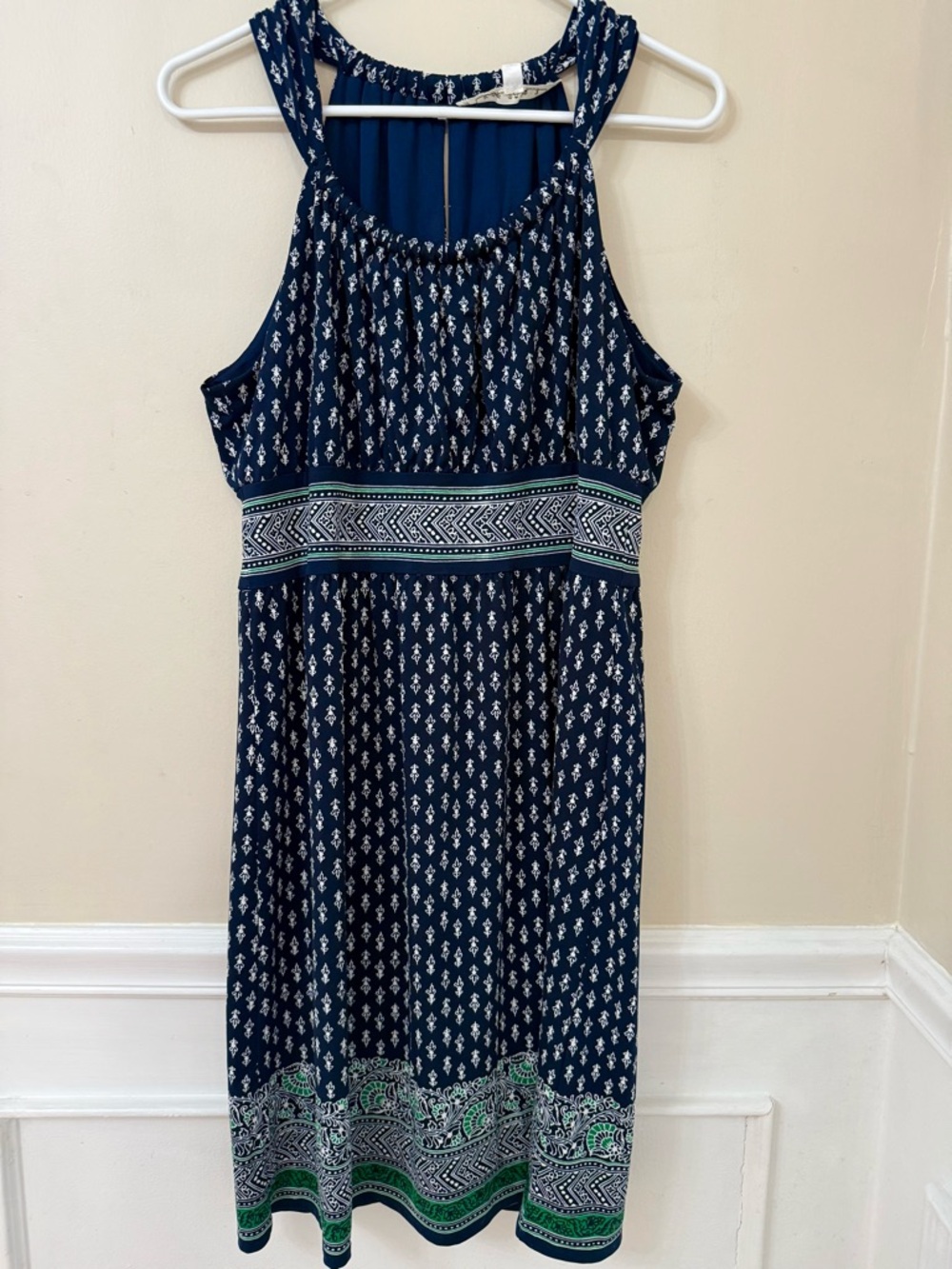 Max Studio navy blue white green paisley halter midi dress size large
